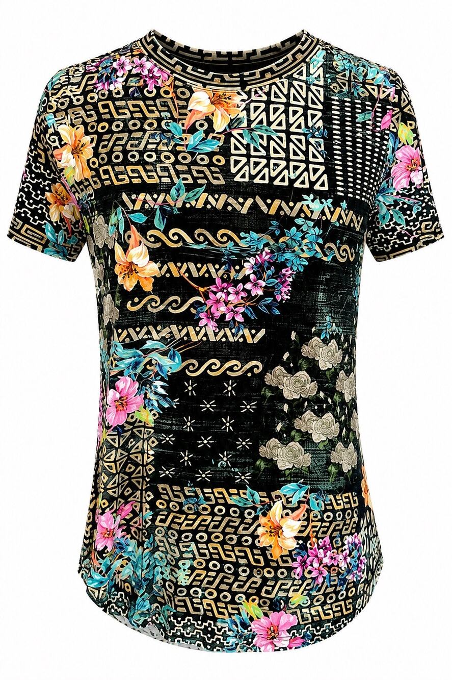Johnny Was Floral Geometric Print Short Sleeve Top